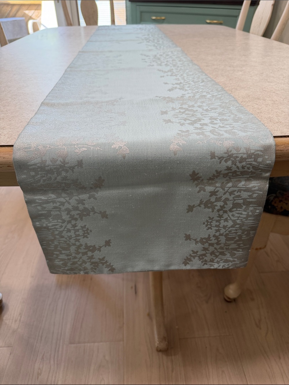 SEA MIST AQUA MINT & SILVER FLORAL TABLE RUNNER BY THRO MARLO LORENZ 70” LONG